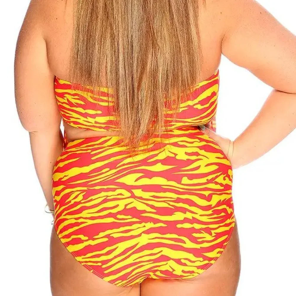 NEW 2 Piece Zebra Print‎ Fringe Accent Plus Size High Waist Swimsuit, size XXL